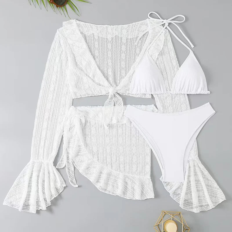 Sexy Four-piece Swimsuit w/ Long-sleeve Cover-up Swimwear Set