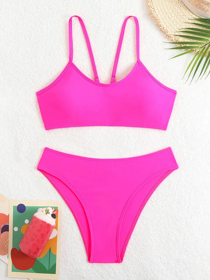 Solid Color High Waist 2 piece Bikini