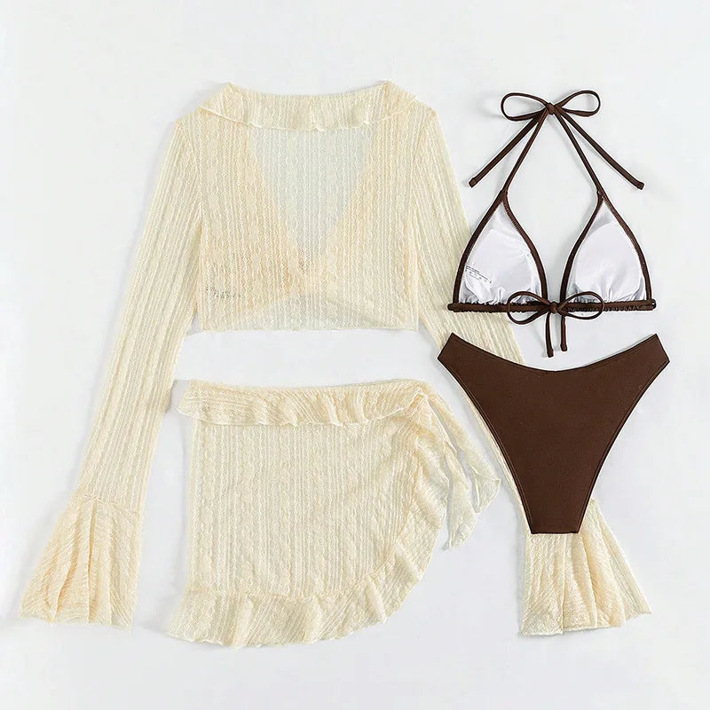 Sexy Four-piece Swimsuit w/ Long-sleeve Cover-up Swimwear Set