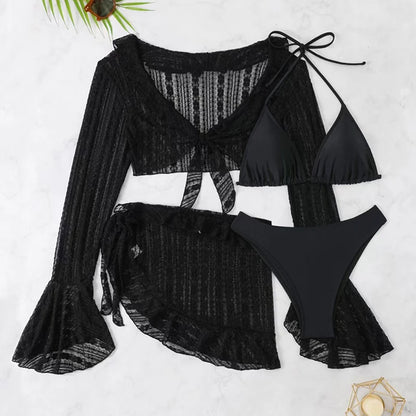 Sexy Four-piece Swimsuit w/ Long-sleeve Cover-up Swimwear Set
