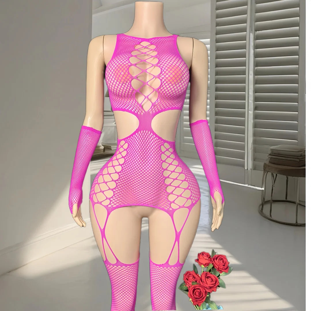 One piece fishnet crotchless body stocking