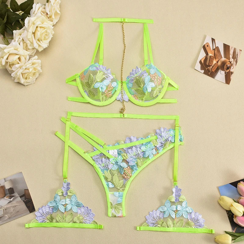 Neon Green Floral print Bra & Panty Set with Garter