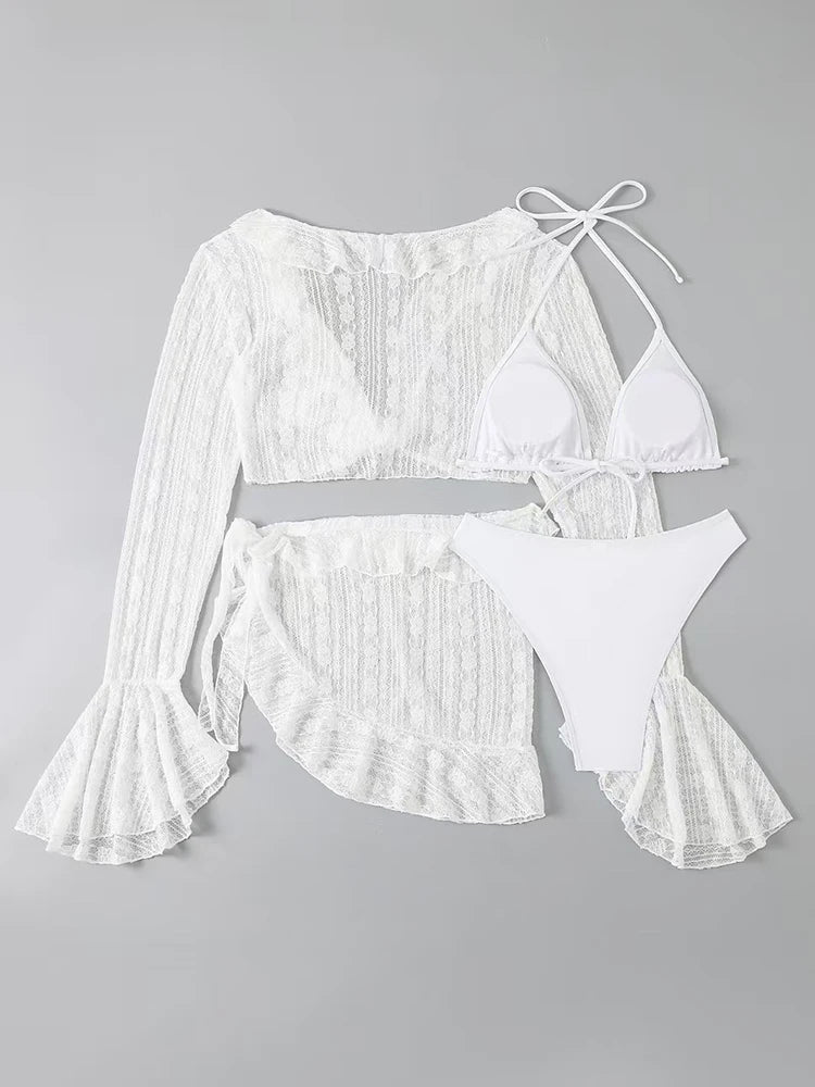 Sexy Four-piece Swimsuit w/ Long-sleeve Cover-up Swimwear Set