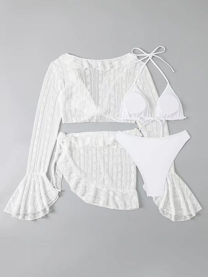 Sexy Four-piece Swimsuit w/ Long-sleeve Cover-up Swimwear Set
