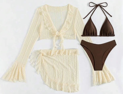 Sexy Four-piece Swimsuit w/ Long-sleeve Cover-up Swimwear Set