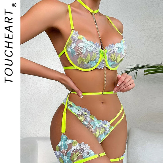 Neon Green Floral print Bra & Panty Set with Garter