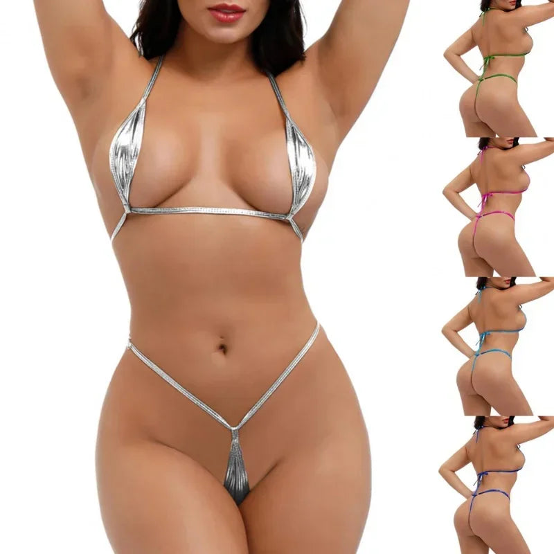 Shiny Metallic Halter Style G-String Micro Bikini