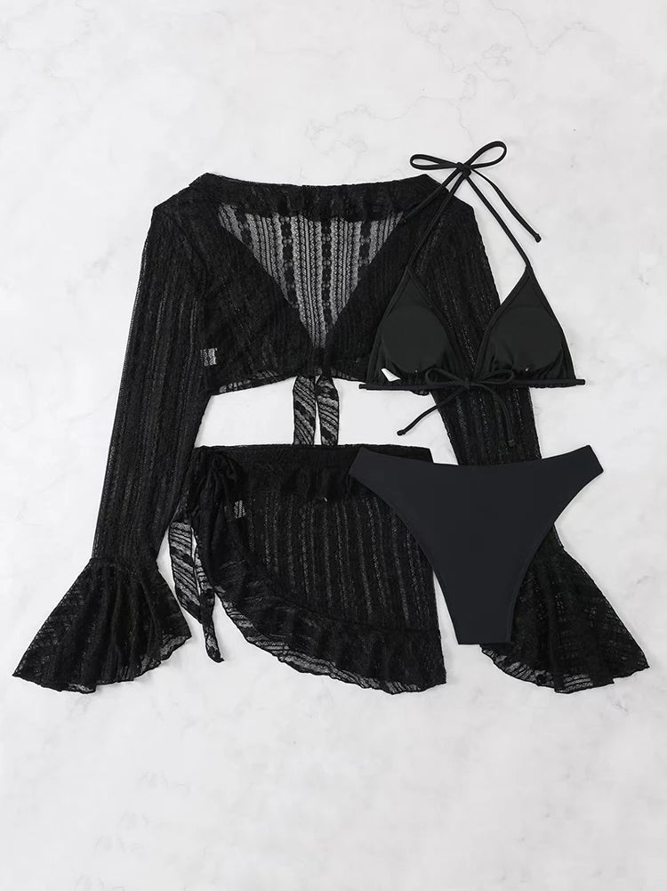 Sexy Four-piece Swimsuit w/ Long-sleeve Cover-up Swimwear Set