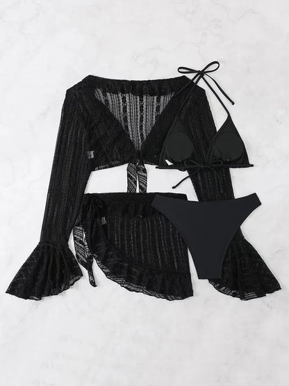 Sexy Four-piece Swimsuit w/ Long-sleeve Cover-up Swimwear Set