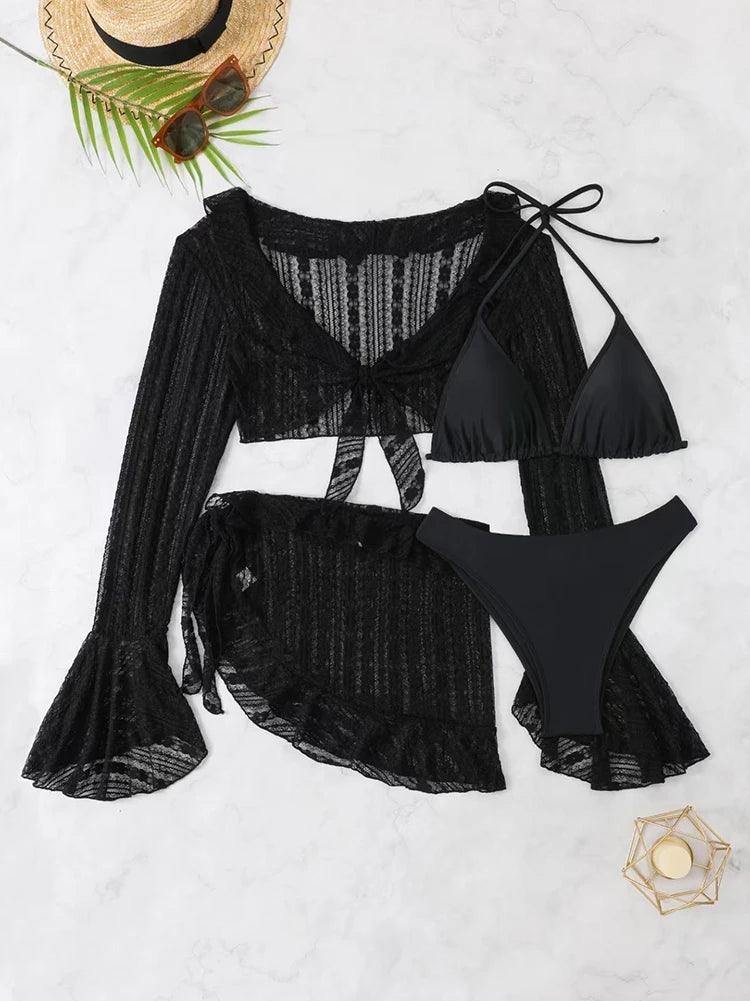 Sexy Four-piece Swimsuit w/ Long-sleeve Cover-up Swimwear Set
