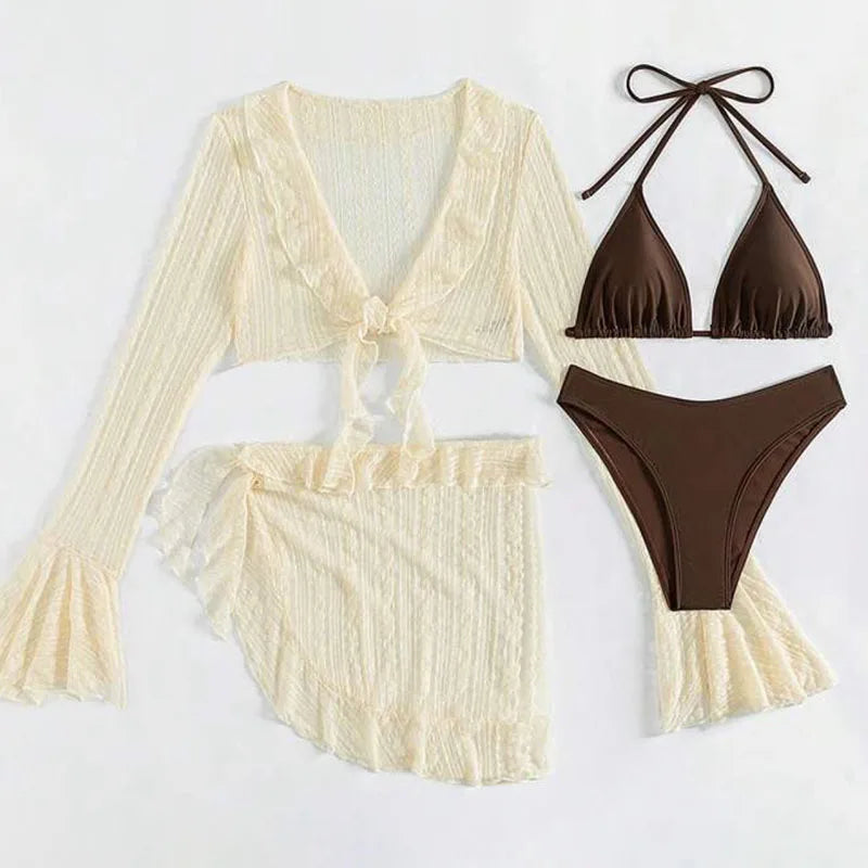 Sexy Four-piece Swimsuit w/ Long-sleeve Cover-up Swimwear Set
