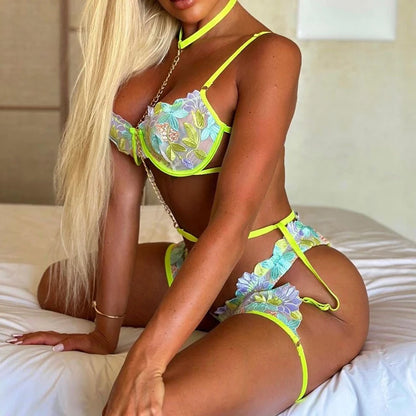 Neon Green Floral print Bra & Panty Set with Garter