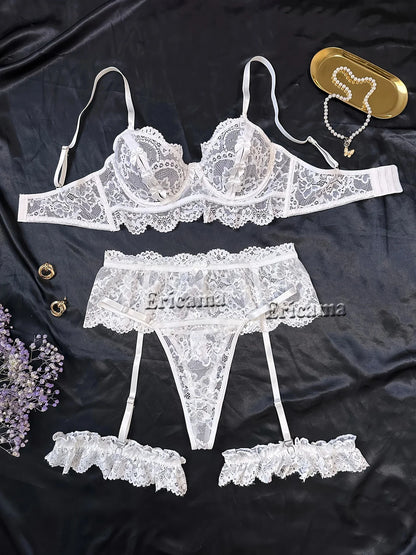 Lace bra & panty set with garter