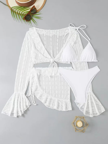 Sexy Four-piece Swimsuit w/ Long-sleeve Cover-up Swimwear Set