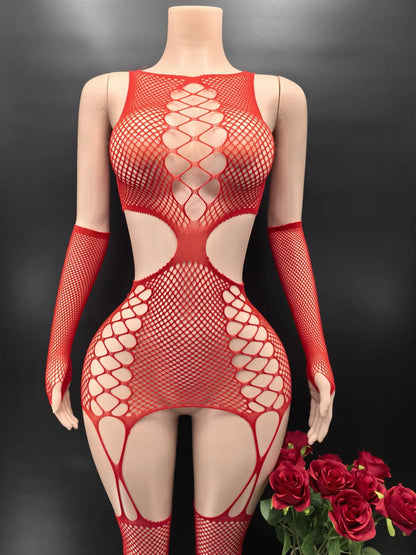 One piece fishnet crotchless body stocking