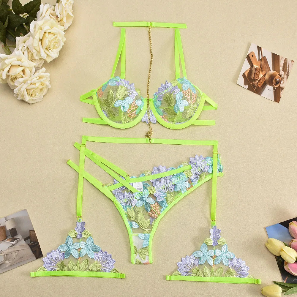 Neon Green Floral print Bra & Panty Set with Garter