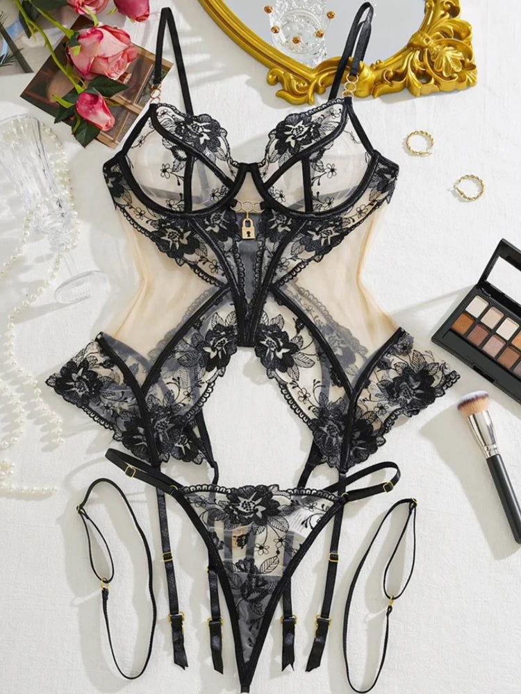 Floral corset style bra and panty set with garter