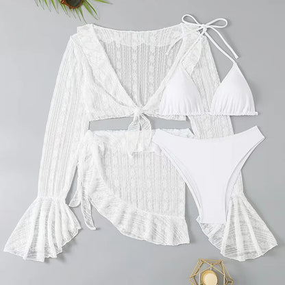 Sexy Four-piece Swimsuit w/ Long-sleeve Cover-up Swimwear Set