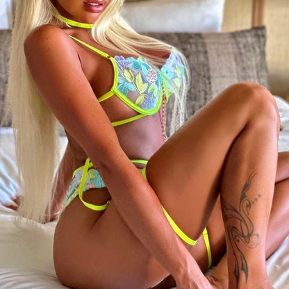 Neon Green Floral print Bra & Panty Set with Garter