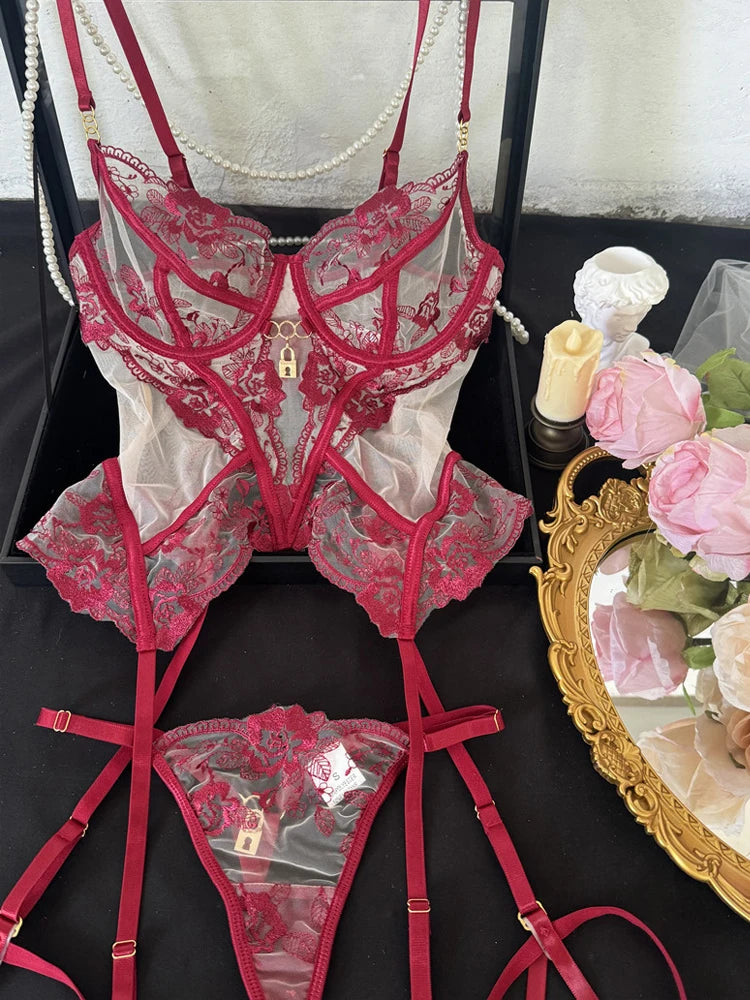 Floral corset style bra and panty set with garter